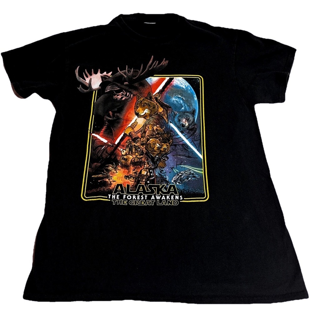 Alaska The Forest Awakens The Great Land Graphic T-Shirt Black Wildlife Parody